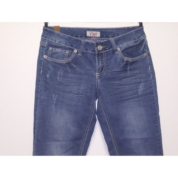 YMI Women's Denim Capri Jeans Sz 5 Dark Distressed Stretch embroidered pockets - Picture 6 of 10